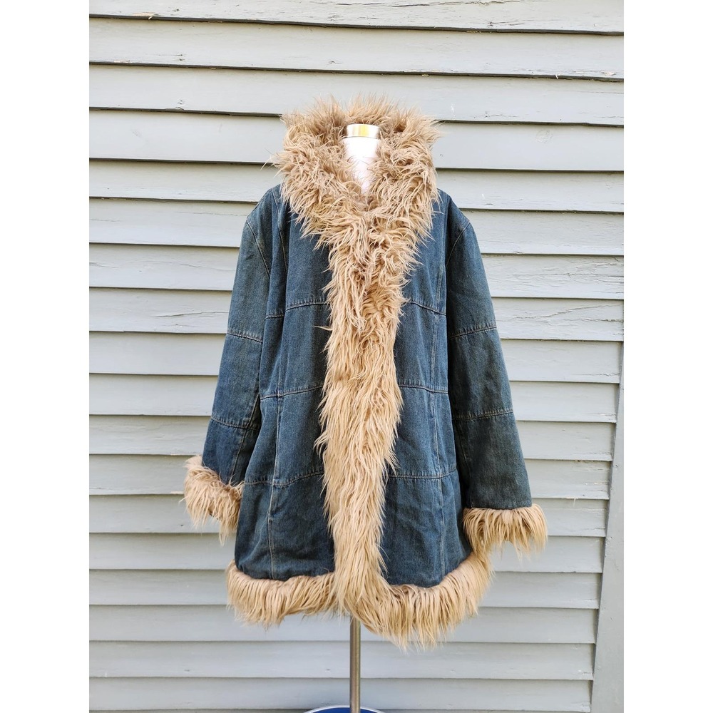 Vintage 90s Bratz Style Denim Parka Jacket Faux Fur Trim Quilted Lined Blue 3X
